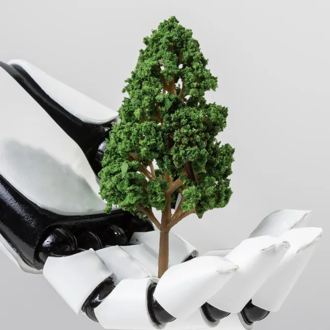 Image of a tree in a robotic hand