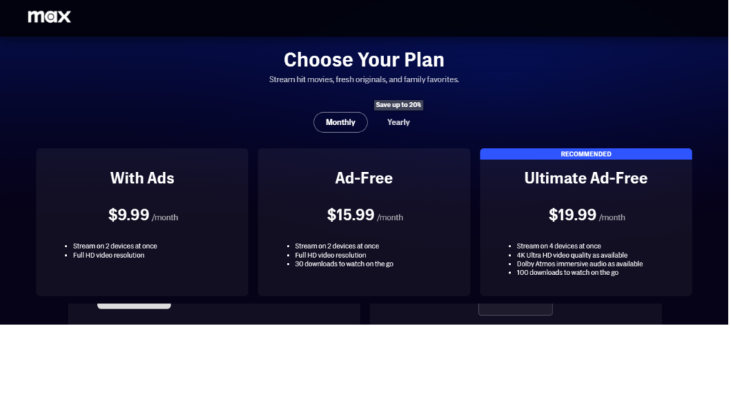 Image of HBOmax Plans pricing page